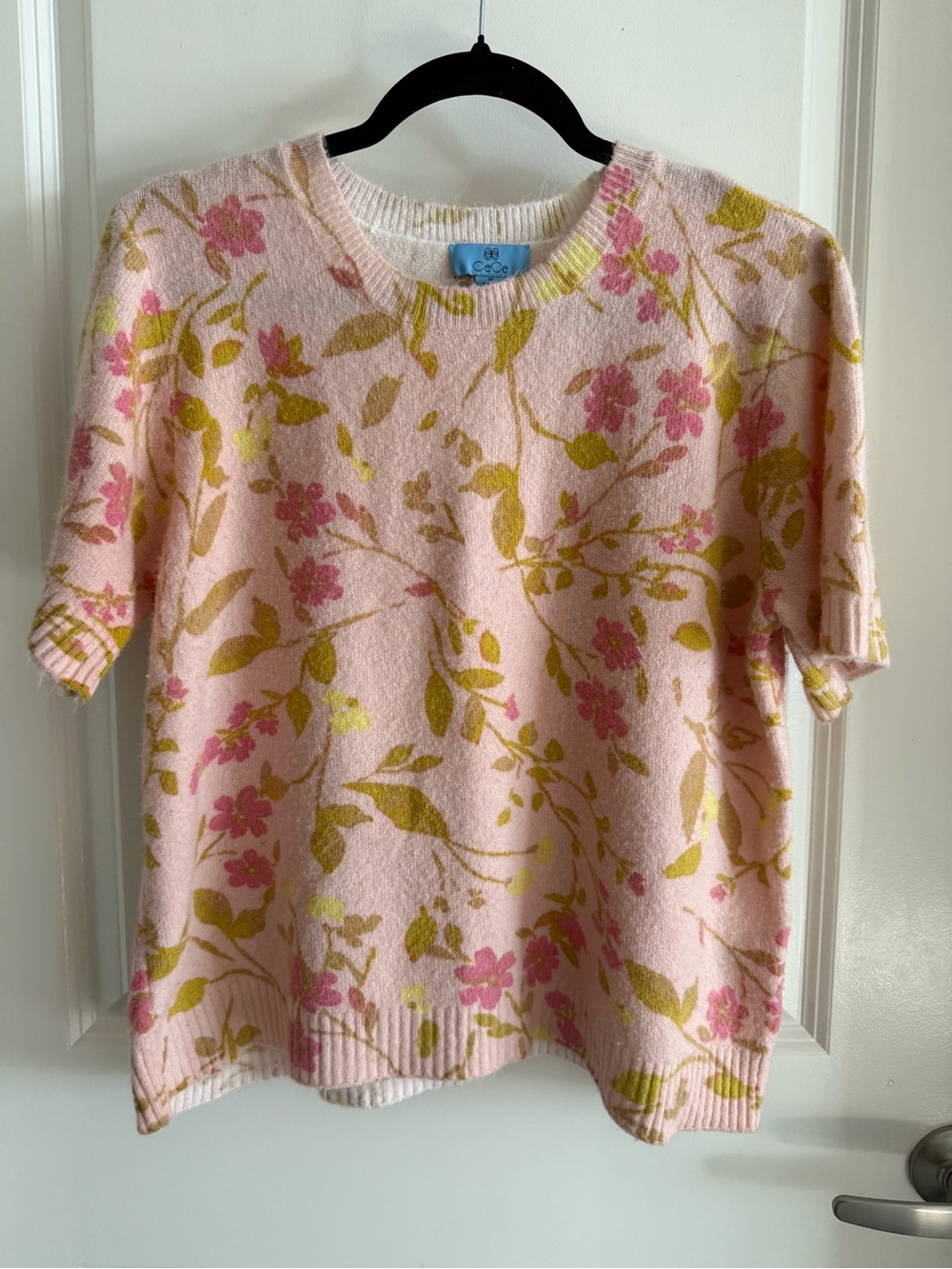 CeCe Pink Floral Short Sleeve Crewneck Sweater